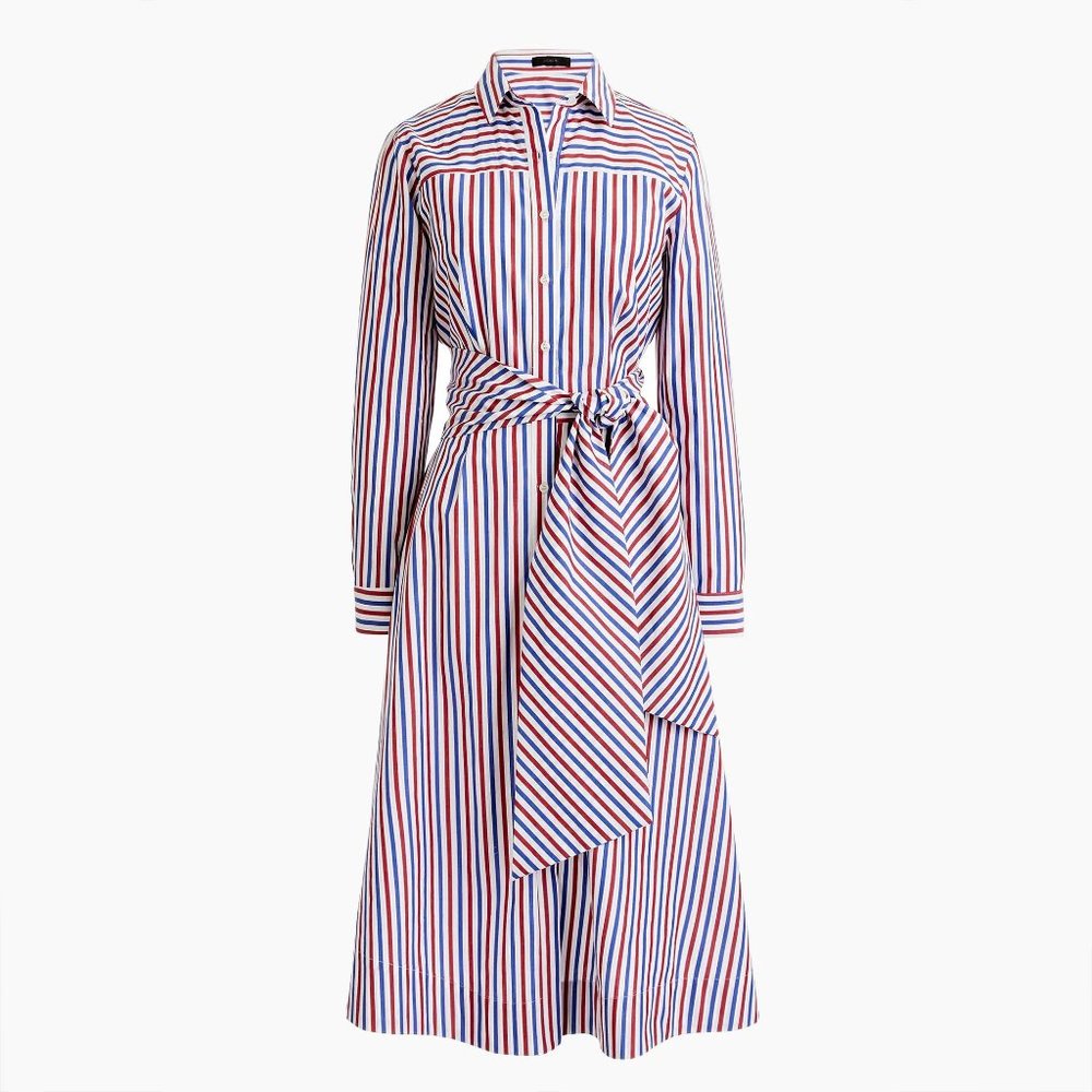 NWT Womens Size 00 J Crew Red White Blue Stripe Tie-Waist Navy Shirt Dress